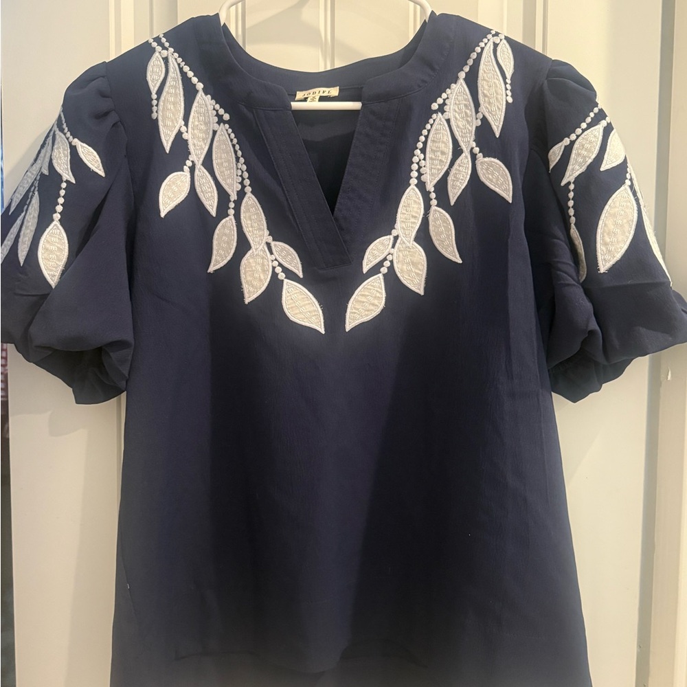 Jodifl Navy Blue Embroidered Women's Top